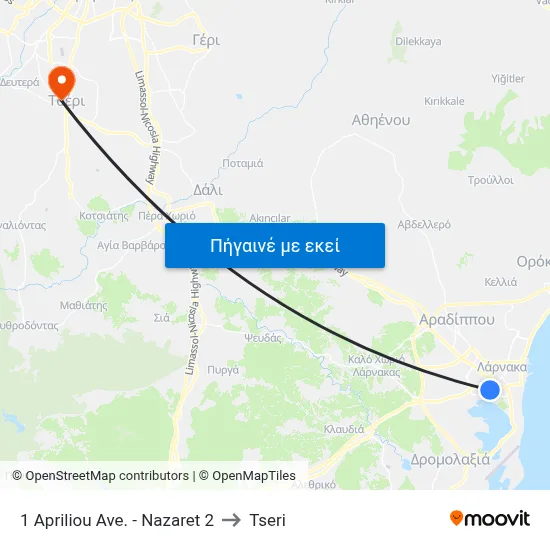 1 Apriliou Ave. - Nazaret 2 to Tseri map