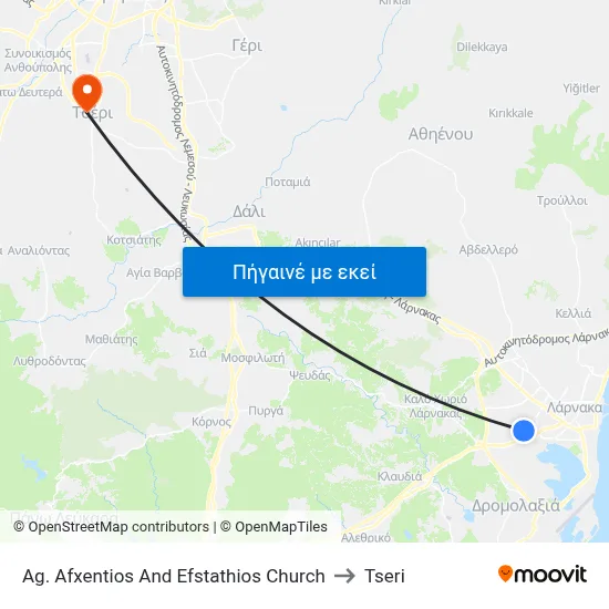 Ag. Afxentios And Efstathios Church to Tseri map