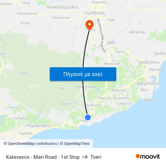 Kalavasos - Mari Road - 1st Stop to Tseri map