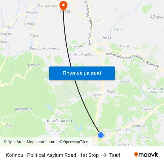 Kofinou - Political Asylum Road - 1st Stop to Tseri map