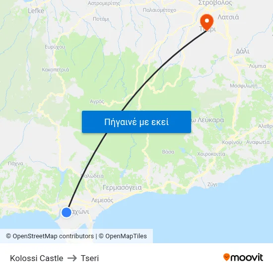 Kolossi Castle to Tseri map