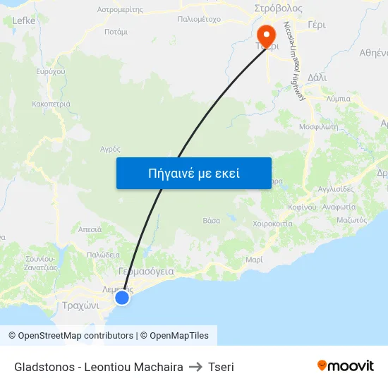 Gladstonos - Leontiou Machaira to Tseri map
