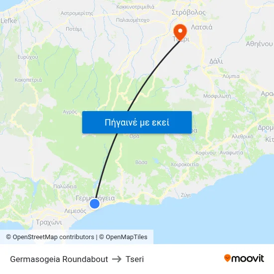 Germasogeia Roundabout to Tseri map
