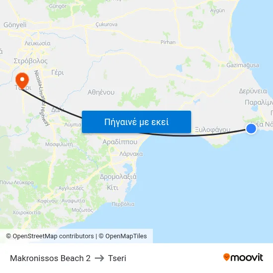 Makronissos Beach 2 to Tseri map