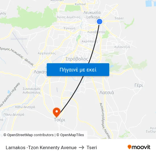 Larnakos -Tzon Kennenty Avenue to Tseri map