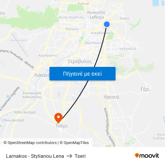 Larnakos - Stylianou Lena to Tseri map