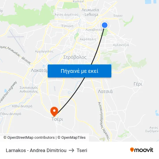 Larnakos - Andrea Dimitriou to Tseri map