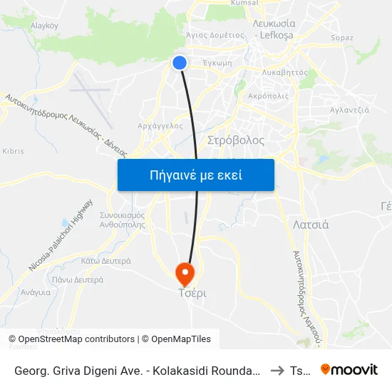 Georg. Griva Digeni Ave. - Kolakasidi Roundabout to Tseri map