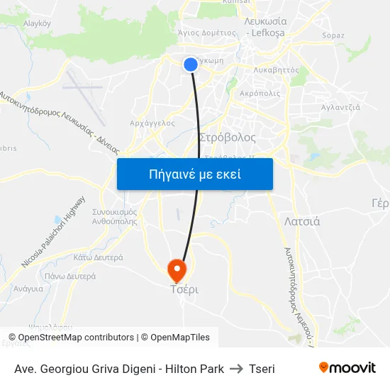 Ave. Georgiou Griva Digeni - Hilton Park to Tseri map