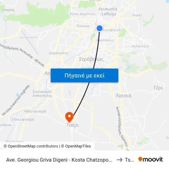 Ave. Georgiou Griva Digeni - Kosta Chatzopoulou to Tseri map