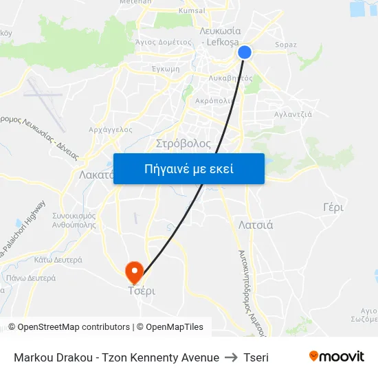 Markou Drakou - Tzon Kennenty Avenue to Tseri map