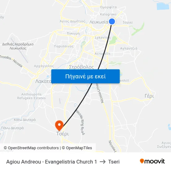 Ag. Andreou - Evangelistria Church to Tseri map