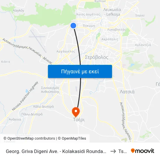 Georg. Griva Digeni Ave. - Kolakasidi Roundabout to Tseri map