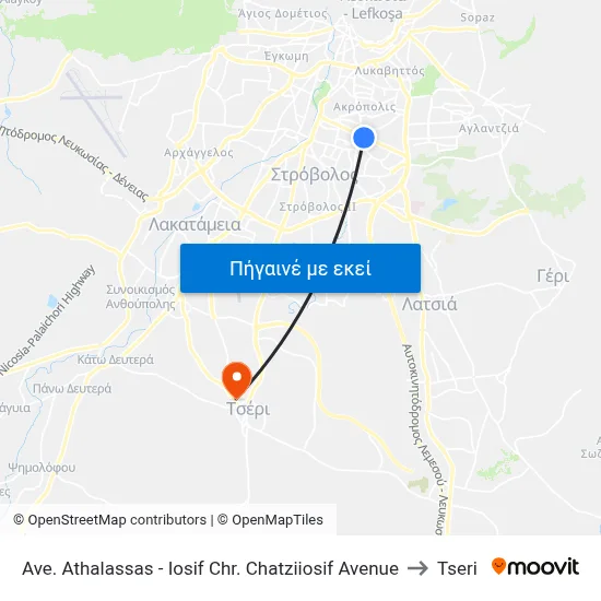 Ave. Athalassas - Iosif Chr. Chatziiosif Avenue to Tseri map