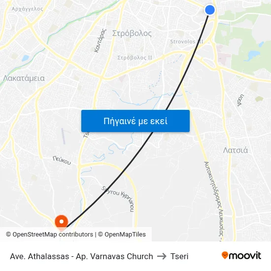 Ave. Athalassas - Ap. Varnavas Church to Tseri map