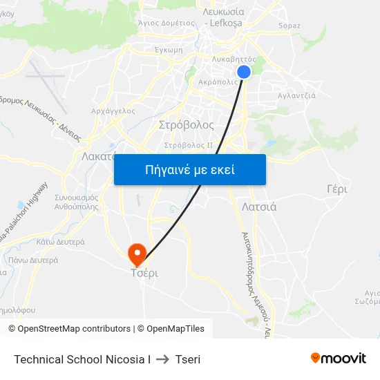 Technical School Nicosia I to Tseri map