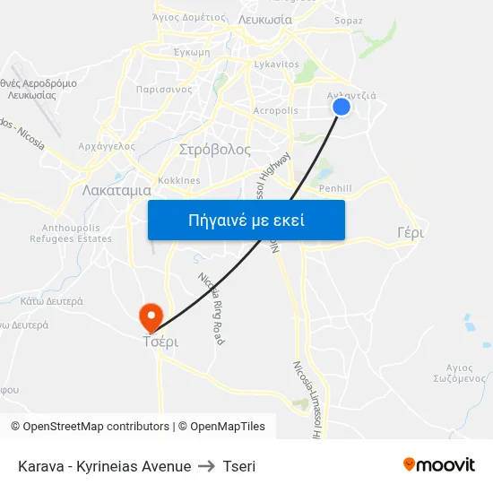 Karava - Kyrineias Avenue to Tseri map