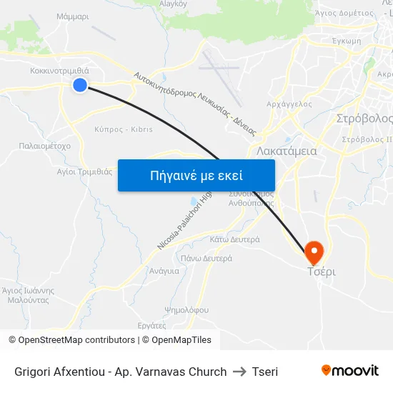 Grigori Afxentiou - Ap. Varnavas Church to Tseri map
