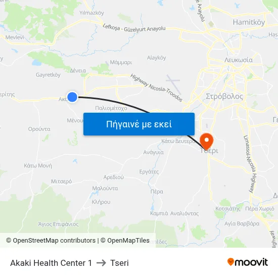 Akaki Health Center to Tseri map