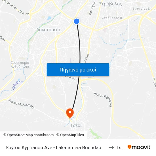 Spyrou Kyprianou Ave - Lakatameia Roundabout Metro to Tseri map