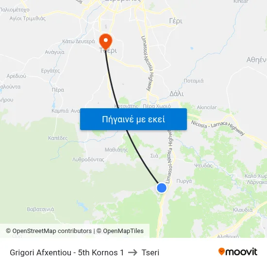 Grigori Afxentiou - 5th Kornos 1 to Tseri map