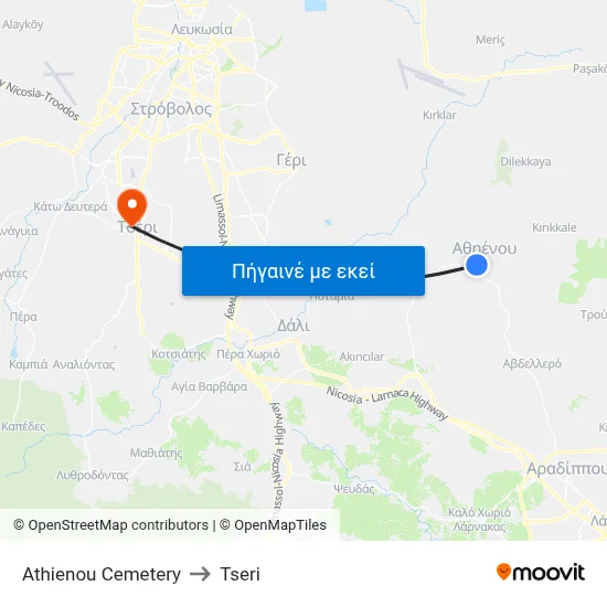 Athienou Cemetery to Tseri map