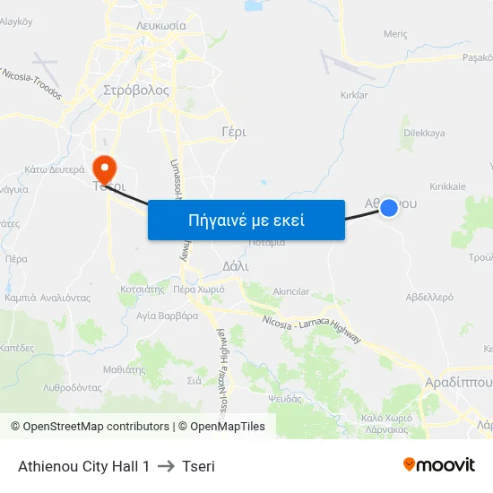 Athienou City Hall 1 to Tseri map