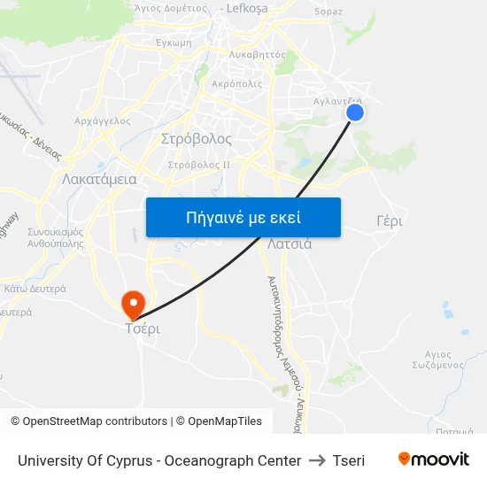 University Of Cyprus - Oceanograph Center to Tseri map