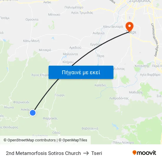 2nd Metamorfosis Sotiros Church to Tseri map