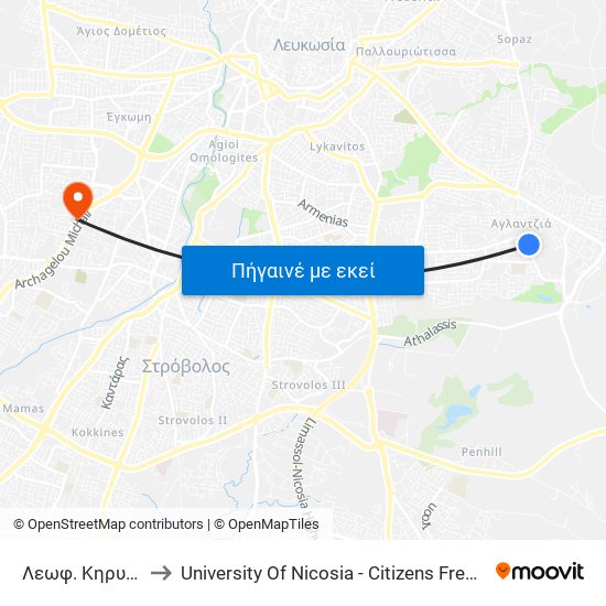 Λεωφ. Κηρυνείας to University Of Nicosia - Citizens Free University map