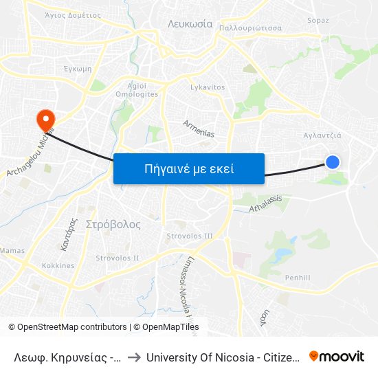 Λεωφ. Κηρυνείας - Βαλτετσίου to University Of Nicosia - Citizens Free University map