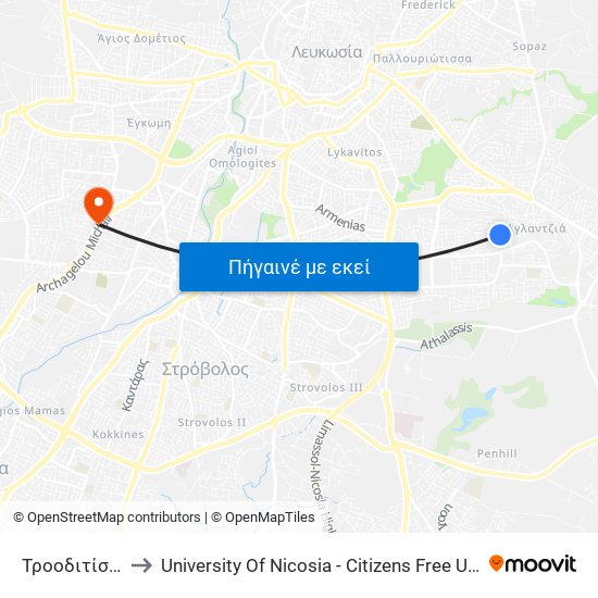 Τροοδιτίσσης to University Of Nicosia - Citizens Free University map