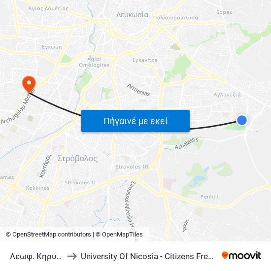 Λεωφ. Κηρυνείας to University Of Nicosia - Citizens Free University map