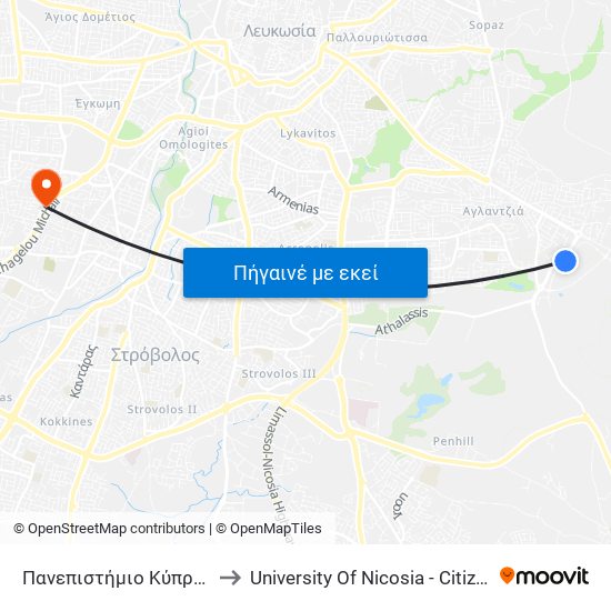 Πανεπιστήμιο Κύπρου - Σύγκλητος to University Of Nicosia - Citizens Free University map