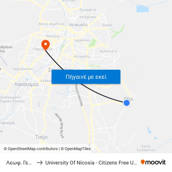 Λεωφ. Γερίου to University Of Nicosia - Citizens Free University map
