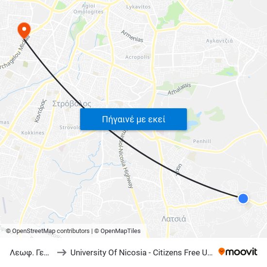 Λεωφ. Γερίου to University Of Nicosia - Citizens Free University map