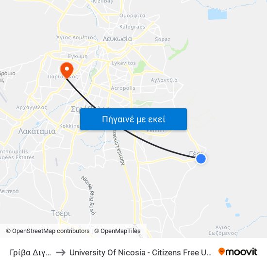 Γρίβα Διγενή to University Of Nicosia - Citizens Free University map