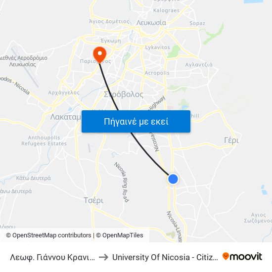 Λεωφ. Γιάννου Κρανιδιώτη - Άρεως to University Of Nicosia - Citizens Free University map