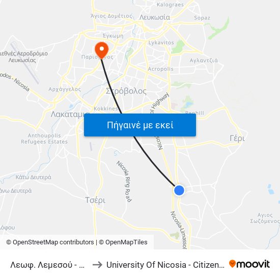 Λεωφ. Λεμεσού - Κρανιδιώτη to University Of Nicosia - Citizens Free University map