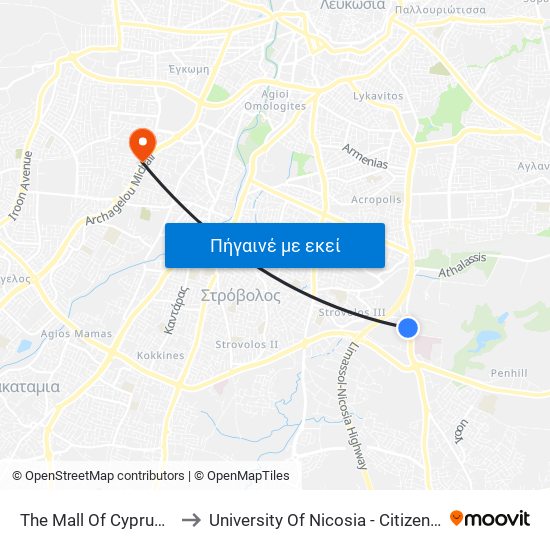 The Mall Of Cyprus - Βεργίνας to University Of Nicosia - Citizens Free University map