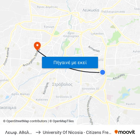 Λεωφ. Αθαλάσσας to University Of Nicosia - Citizens Free University map