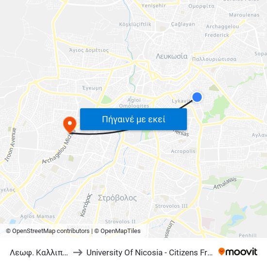 Λεωφ. Καλλιπόλεως to University Of Nicosia - Citizens Free University map
