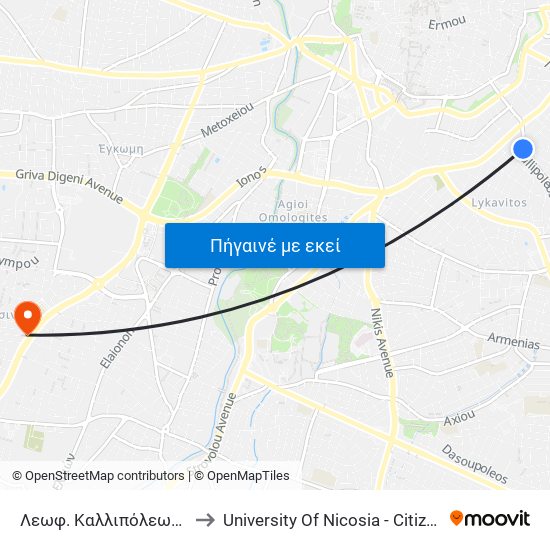 Λεωφ. Καλλιπόλεως to University Of Nicosia - Citizens Free University map