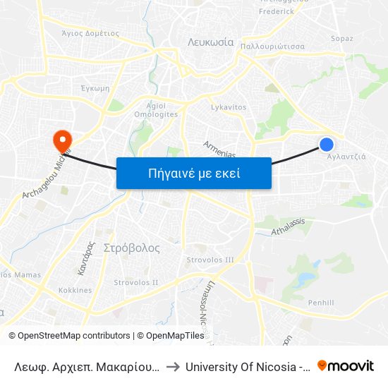 Λεωφ. Αρχιεπ. Μακαρίου Γ to University Of Nicosia - Citizens Free University map