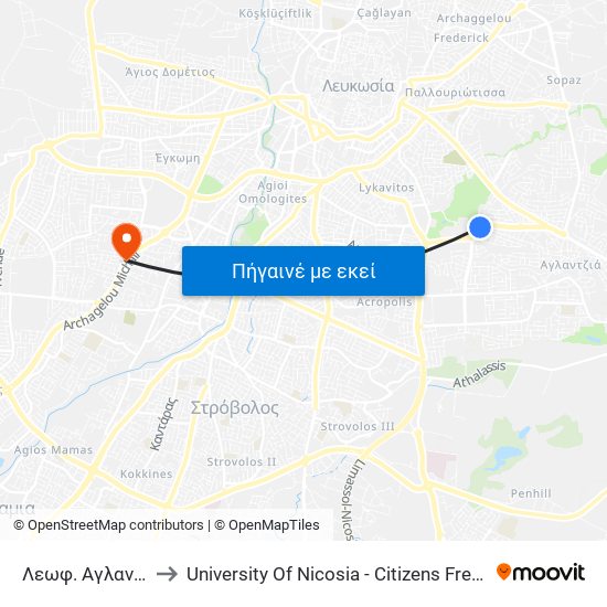 Λεωφ. Αγλαντζιάς to University Of Nicosia - Citizens Free University map