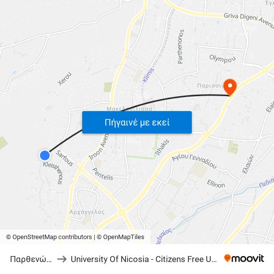 Παρθενώνος to University Of Nicosia - Citizens Free University map