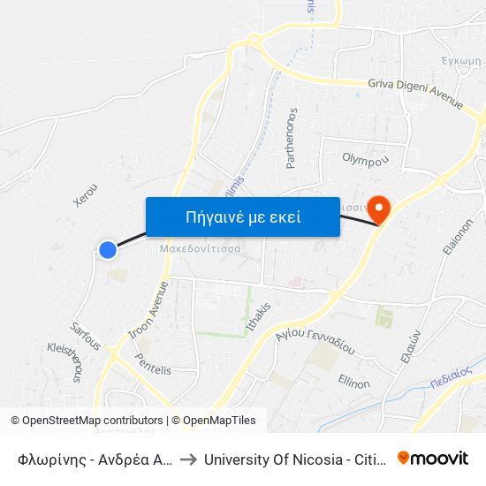 Φλωρίνης to University Of Nicosia - Citizens Free University map