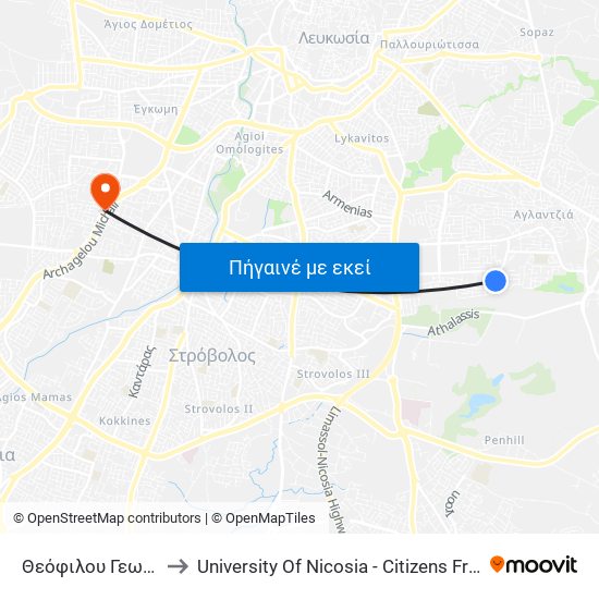 Θεόφιλου Γεωργιάδη to University Of Nicosia - Citizens Free University map