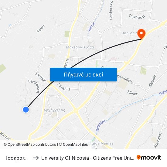 Ισοκράτους to University Of Nicosia - Citizens Free University map