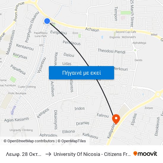 Λεωφ. 28 Οκτωβρίου to University Of Nicosia - Citizens Free University map